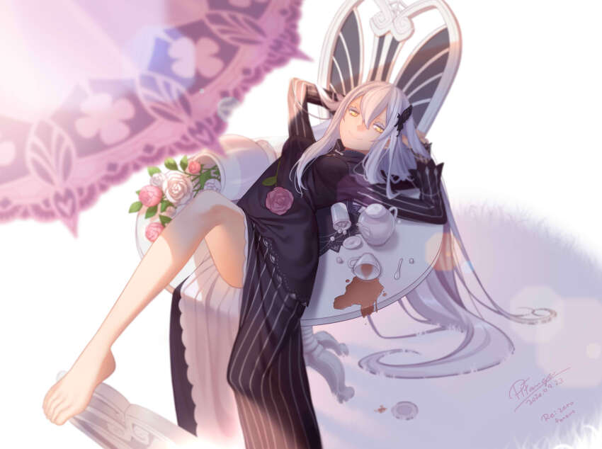 1girl, absurdres, arms_behind_head, barefoot, breasts, butterfly_hair_ornament, chair, colored_eyelashes