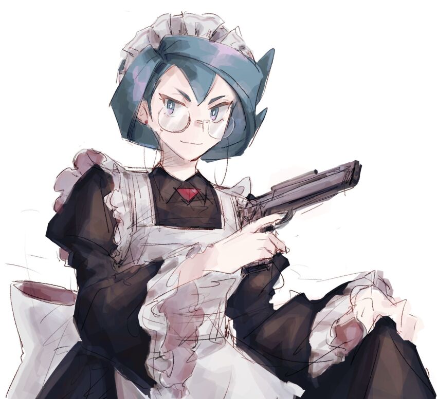 1girl, alternate_costume, blue_eyes, blue_hair, earrings, enmaided, glasses, gun