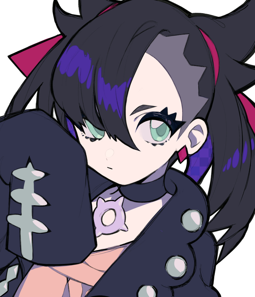 1girl, absurdres, black_hair, black_jacket, earrings, green_eyes, grizzace, hair_ribbon