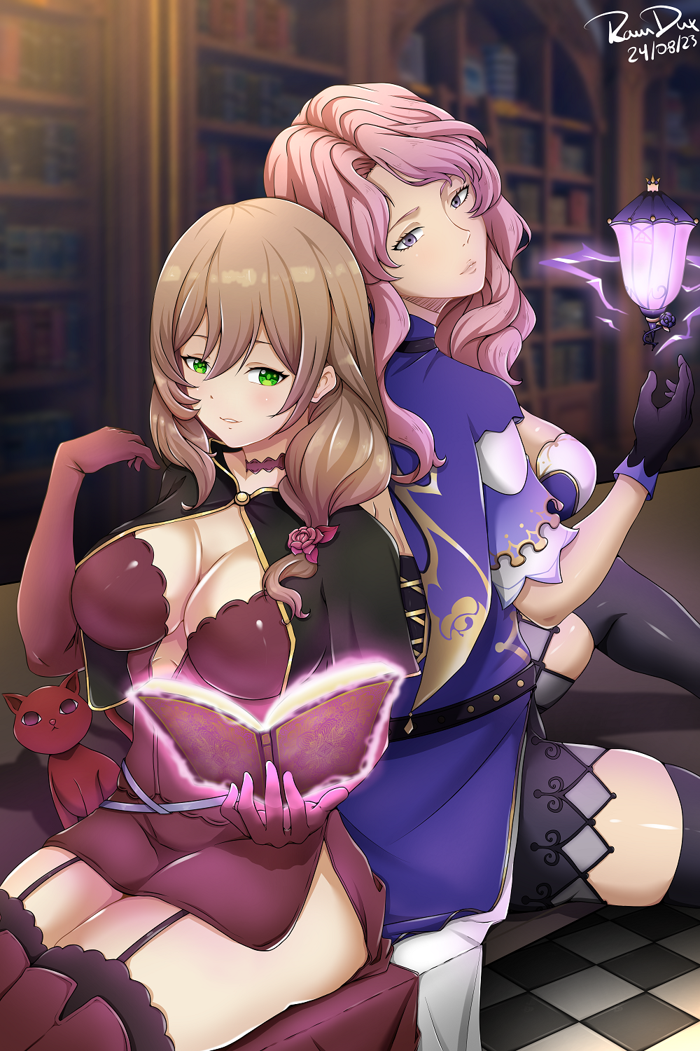 2girls, black_capelet, black_clover, black_gloves, black_thighhighs, book, breasts, brown_hair