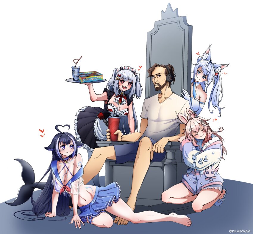 :d, absurdres, ahoge, animal_ear_fluff, animal_ears, animal_slippers, apron, arm_support, arm_tattoo, artist_name, asmongold, barefoot, bath_water_(meme), beard, belt_collar, bikini, bikini_under_clothes, black_hair, black_skirt, blue_collar, blue_shorts, blue_skirt, body_markings, breasts, cetacean_tail, chest_tattoo, cleavage, cleavage_cutout, closed_eyes, clothing_cutout, collar, collarbone, commentary, cup, disposable_cup, elbow_gloves, english_commentary, facial_hair, facial_tattoo, fins, fish_tail, full_body, gloves, groin_tendon, hair_ornament, hand_up, headphones, heart, heart_ahoge, heart_hair_ornament, highres, holding, holding_tray, indie_virtual_youtuber, kirsche_verstahl, kkairaaa, kneeling, large_breasts, leg_tattoo, long_hair, looking_at_another, looking_at_viewer, lucy_pyre, maid_headdress, meme, multicolored_hair, mustache, navel, on_throne, open_mouth, orca_girl, pajamas, phase_connect, pink_hair, pink_pajamas, pipkin_pippa, pipkin_pippa_(1st_costume), purple_eyes, rabbit_ears, rabbit_girl, rabbit_hair_ornament, rabbit_ornament, real_life, red_eyes, see-through_clothes, see-through_shirt, shirt, shorts, shylily, shylily_(1st_costume), simple_background, sitting, skirt, slippers, smile, streaked_hair, swimsuit, tail, tattoo, thighs, throne, toes, tray, twintails, twitter_username, virtual_youtuber, wendy's, whale_girl, white_background, white_gloves, white_hair, white_shirt