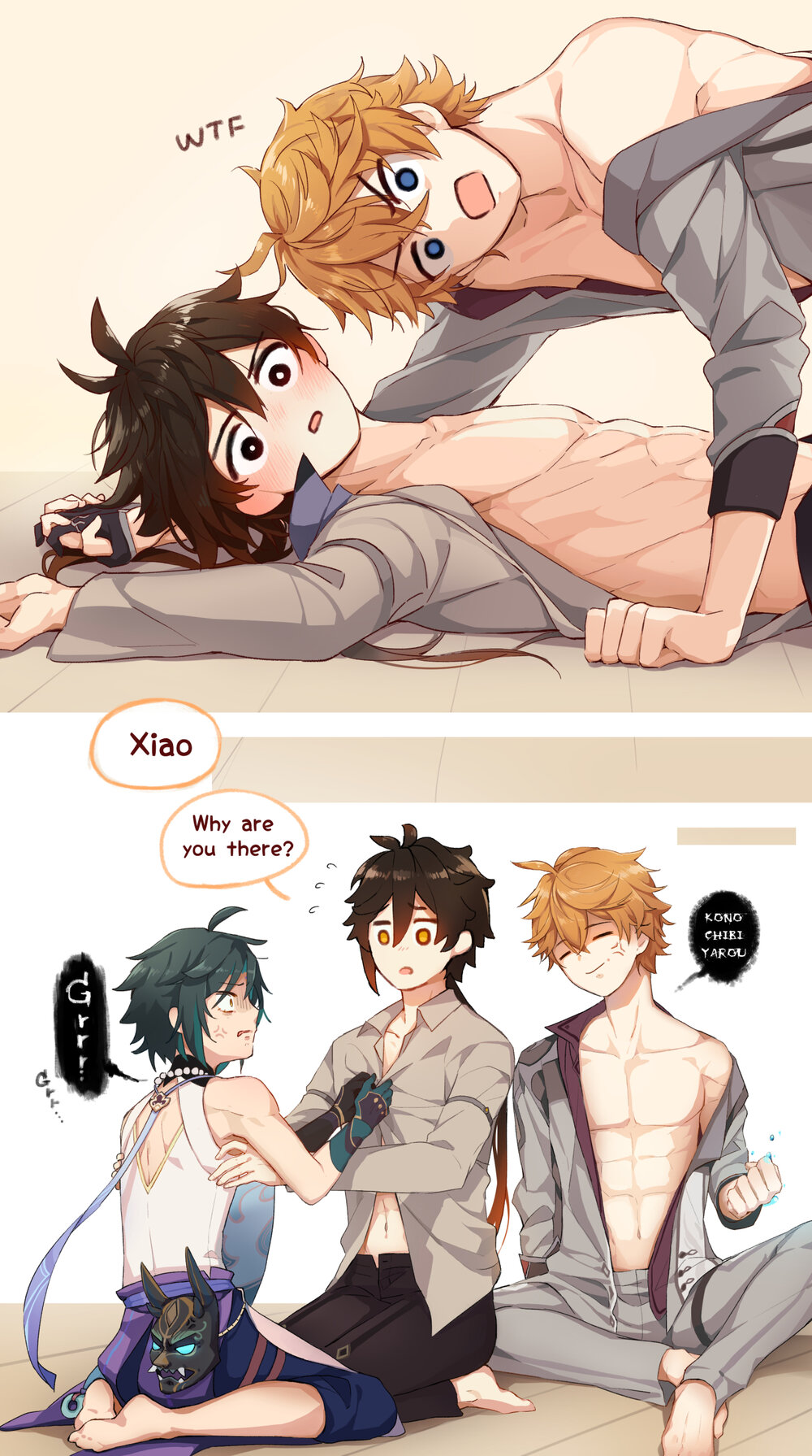 3boys, ahoge, barefoot, bead_necklace, beads, blue_eyes, brown_hair, ciaociaovita