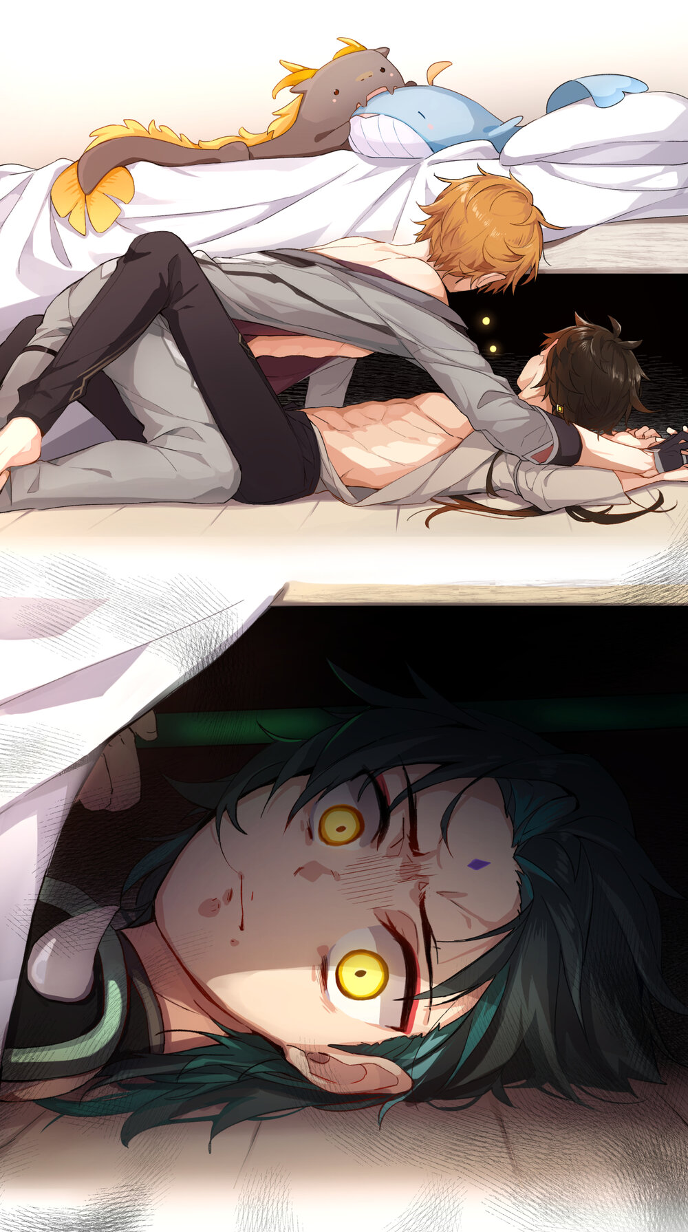 3boys, bed, black_hair, blanket, brown_hair, ciaociaovita, closed_mouth, earrings, genshin_impact, green_hair, grey_pants, grey_shirt, highres, jewelry, male_focus, multicolored_hair, multiple_boys, muscular, muscular_male, open_clothes, open_shirt, orange_hair, pants, shirt, short_hair, single_earring, stuffed_animal, stuffed_toy, tartaglia_(genshin_impact), xiao_(genshin_impact), yaoi, yellow_eyes, zhongli_(genshin_impact)