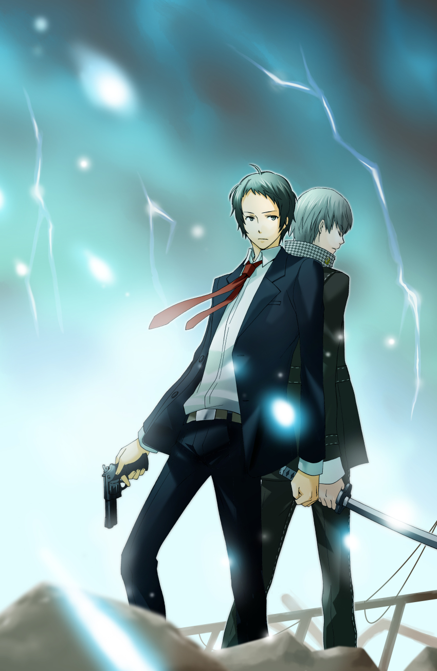2boys, absurdres, adachi_tooru, arikawa_kinu, atlus, back-to-back, bad_id, bad_pixiv_id