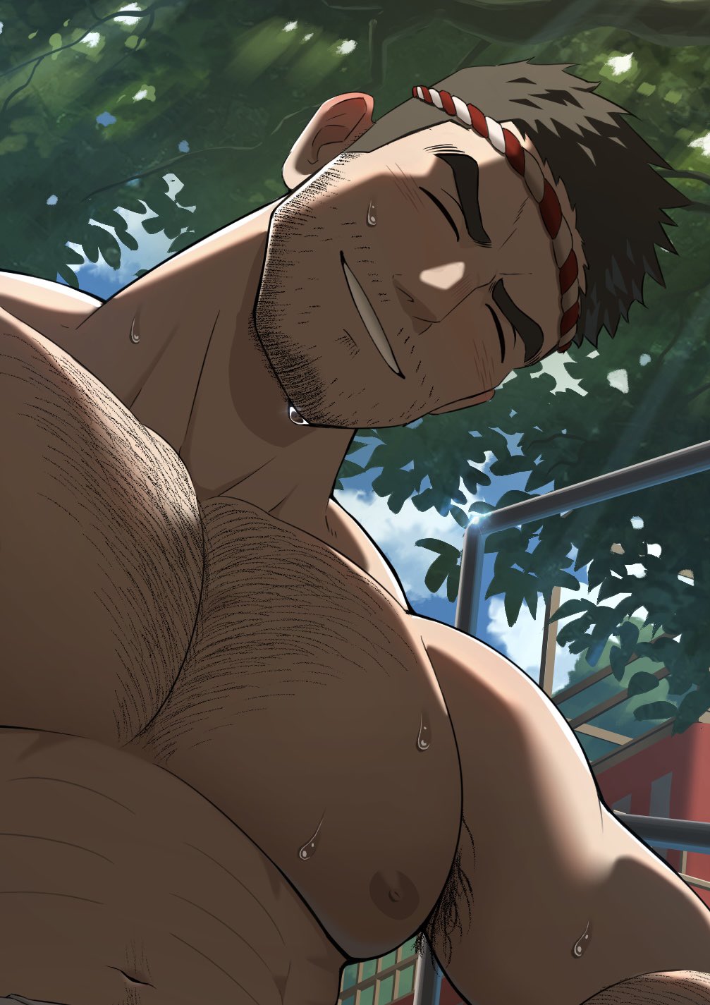 1boy, arm_hair, armpit_hair, armpit_hair_peek, bara, beard_stubble, blush, chest_hair