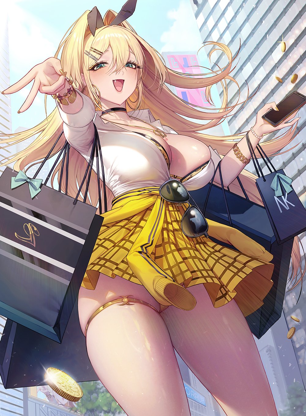 1girl, amesuku_gyaru, animal_print, aviator_sunglasses, bag, black_bag, blonde_hair, blue_bow