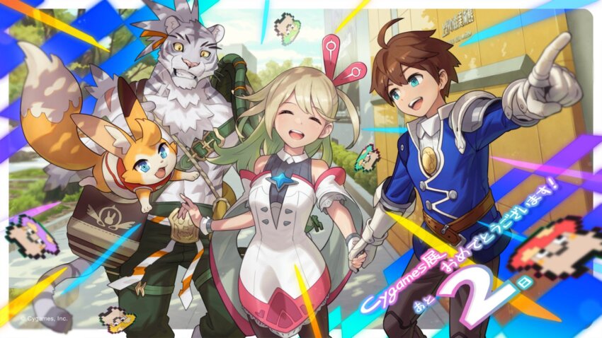 1girl, 2boys, :d, ahoge, alk_(world_flipper), animal_ears, armored_gloves, blonde_hair