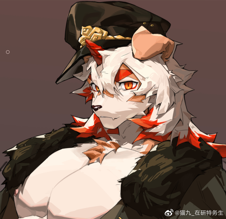 1boy, animal_ears, arknights, bara, bare_pectorals, brown_fur, dog_boy, dog_ears