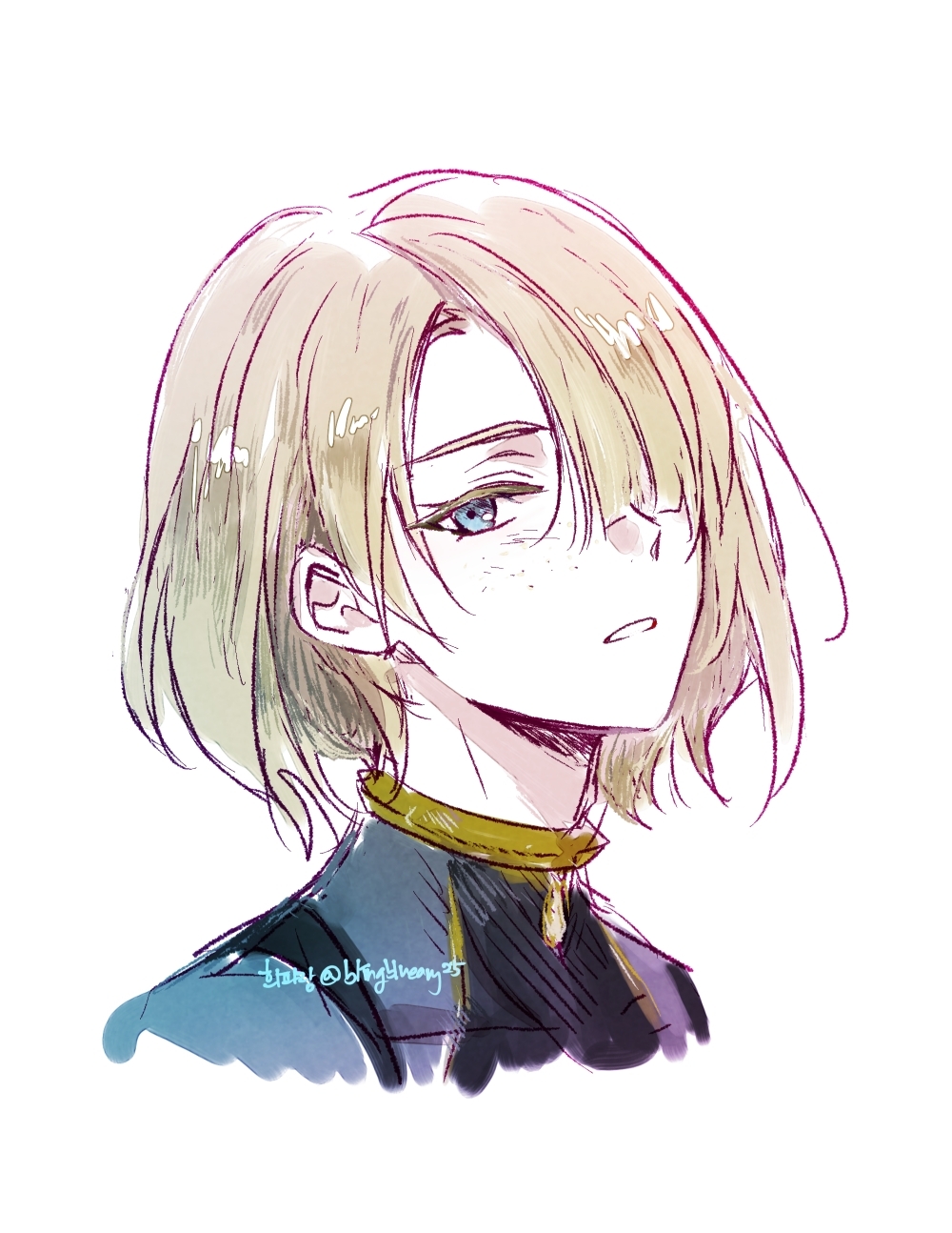 1girl, blue_eyes, blue_shirt, cropped_shoulders, freckles, freminet_(genshin_impact), genshin_impact, green_hair