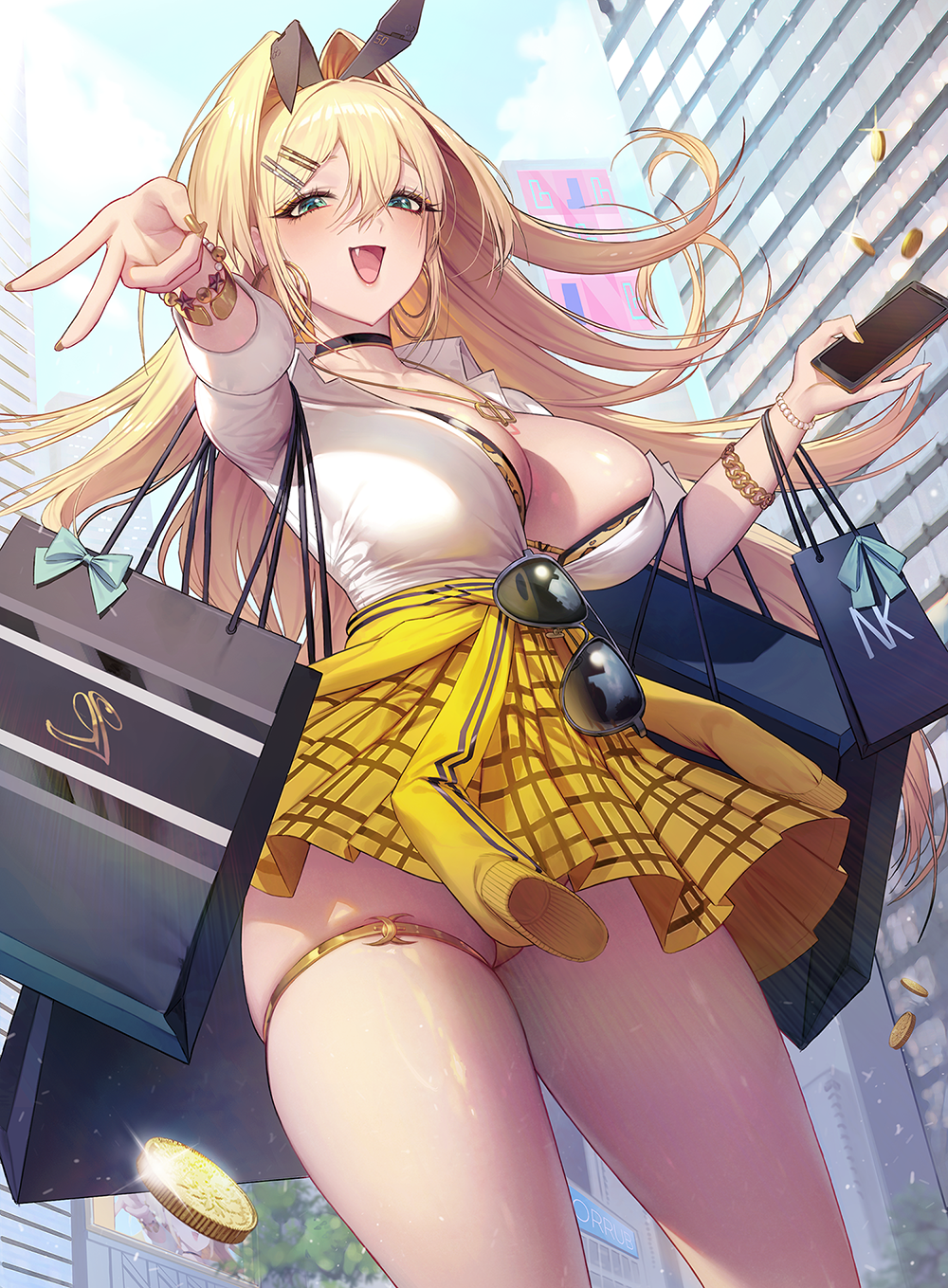 1girl, amesuku_gyaru, animal_print, aviator_sunglasses, bag, black_bag, blonde_hair, blue_bow, blue_sky, bow, bra, bra_peek, bracelet, breasts, building, cellphone, choker, clothes_around_waist, coin, dambang, eyewear_hang, fang, goddess_of_victory:_nikke, gold_nails, gold_panties, green_eyes, gyaru, hair_ornament, hairclip, highres, jacket, jacket_around_waist, jewelry, kogal, large_breasts, leopard_print, leopard_print_bra, long_hair, multiple_bracelets, necklace, onee_gyaru, panties, panty_peek, phone, print_bra, rabbit_hair_ornament, rupee_(nikke), shirt, shopping_bag, skirt, sky, smartphone, solo, striped_clothes, striped_shirt, sunglasses, thick_thighs, thighs, underwear, unworn_eyewear, victory_pose