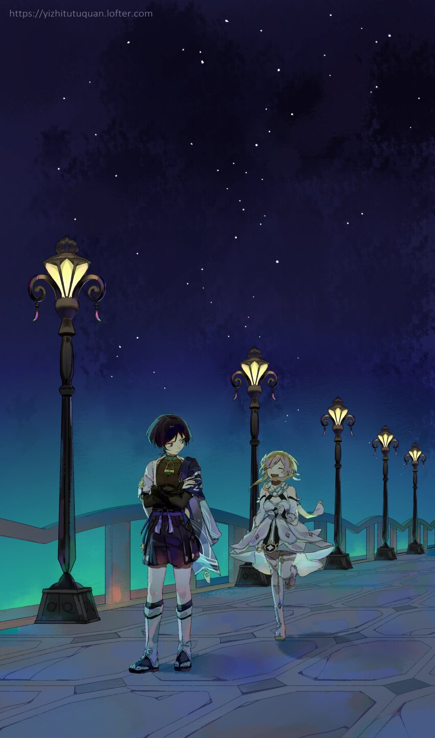 1boy, 1girl, absurdres, blonde_hair, closed_eyes, crossed_arms, genshin_impact, highres