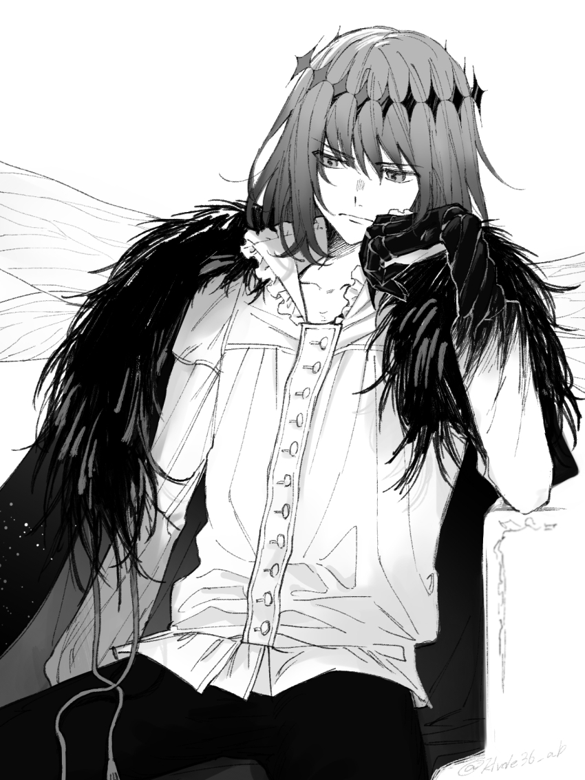 1boy, claws, commentary_request, crown, fate/grand_order, fate_(series), frown, greyscale