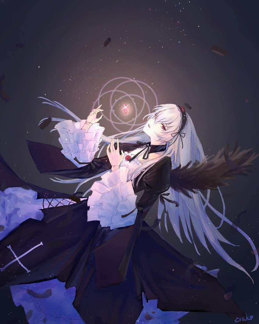 1girl, absurdres, black_collar, black_dress, black_hairband, black_ribbon, black_wings, collar