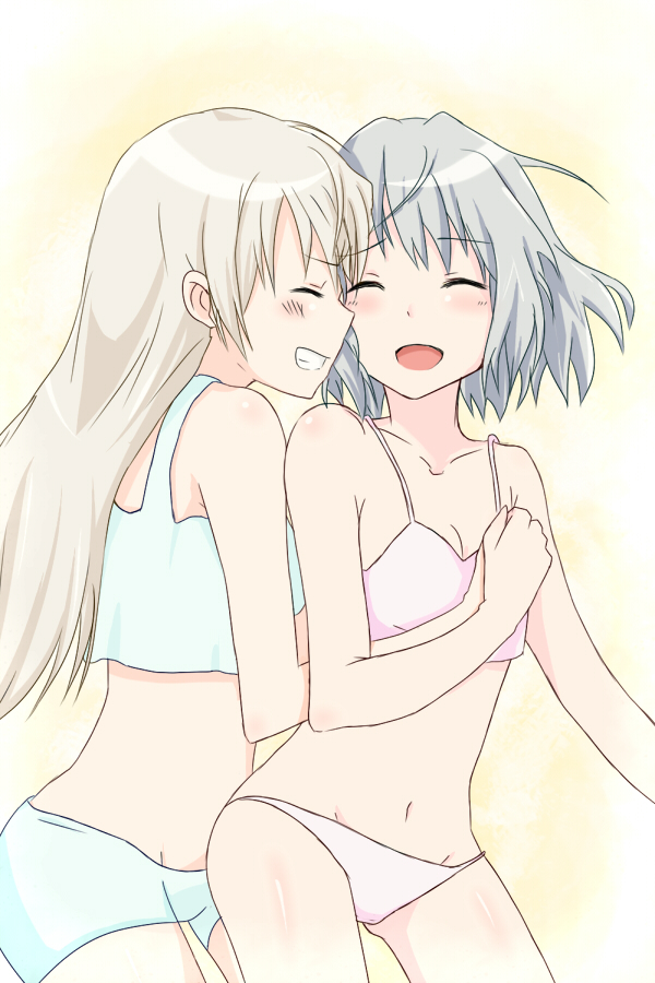 2girls, blonde_hair, blush, breasts, closed_eyes, couple, eila_ilmatar_juutilainen, grabbing_another's_breast