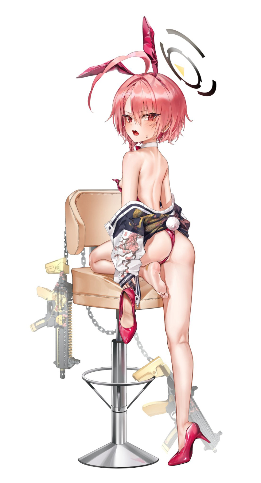 1girl, ahoge, ass, bandaid, bandaid_on_foot, bare_back, bare_legs, barefoot, blue_archive, blush, breasts, detached_collar, feet, from_behind, gun, halo, highres, huge_ahoge, jacket, leotard, looking_at_viewer, looking_back, median_furrow, neru_(blue_archive), neru_(bunny)_(blue_archive), official_alternate_costume, pink_hair, playboy_bunny, red_leotard, shoes, short_hair, sig_mpx, single_shoe, small_breasts, soles, solo, standing, standing_on_one_leg, stool, submachine_gun, sukajan, sweatdrop, toes, weapon, yerim