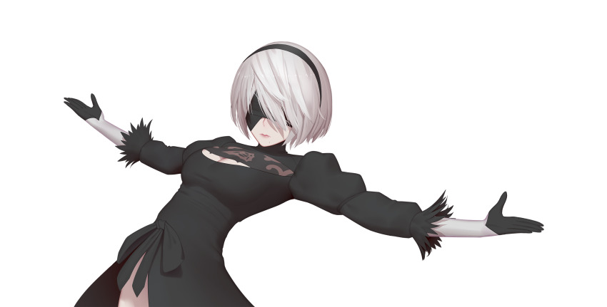 1girl, 2b_(nier:automata), bad_bcy_id, bad_id, black_gloves, black_hairband, blindfold, breasts, cleavage, cleavage_cutout, closed_mouth, clothing_cutout, facing_viewer, gloves, hair_over_one_eye, hairband, highres, medium_breasts, mole, mole_under_mouth, nier:automata, nier_(series), outstretched_arms, puffy_sleeves, red_lips, short_hair, simple_background, solo, transparent_background, upper_body, white_background, white_hair, xini_m