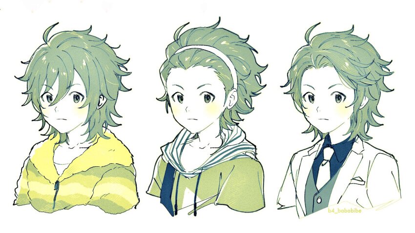 3boys, ahoge, alternate_hairstyle, b4_bababibe, formal_clothes, green_eyes, green_shirt, hairband, highres, hood, hoodie, idolmaster, idolmaster_side-m, looking_at_viewer, male_focus, mitarai_shouta, multiple_boys, necktie, pajamas, shirt, upper_body, white_background, white_hairband, white_necktie