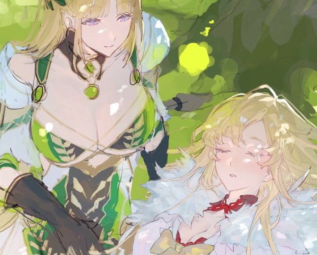 2girls, bikini, blonde_hair, braid, breasts, crown, crown_braid, demeter_(fate), demeter_(lostbelt)_(fate), dress, europa_(fate), europa_(third_ascension)_(fate), fate/grand_order, fate_(series), green_bikini, large_breasts, laurel_crown, long_hair, multiple_girls, off-shoulder_dress, off_shoulder, purple_eyes, sleeping, smile, swimsuit, uda_(xax_057), white_dress