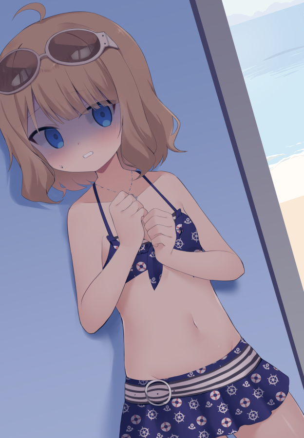 1girl, ahoge, anchor_print, bare_arms, bare_shoulders, bikini, blue_bikini, blue_eyes, brown_hair, collarbone, commentary_request, commission, day, eyewear_on_head, idolmaster, idolmaster_million_live!, lifebuoy_print, looking_at_viewer, navel, outdoors, own_hands_together, pixiv_commission, print_bikini, ship's_wheel, solo, sunglasses, suou_momoko, swimsuit, turn_pale, usagimiko, water, white-framed_eyewear