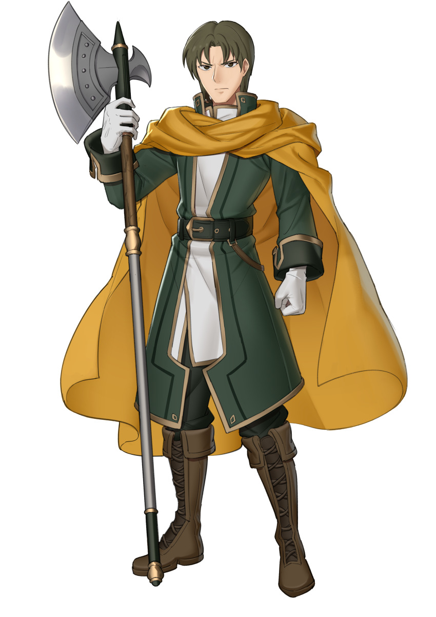1boy, absurdres, axe, boots, brighton_(fire_emblem), brown_boots, brown_eyes, brown_hair, cape, clenched_hand, coat, ebinku, fire_emblem, fire_emblem:_thracia_776, gloves, green_coat, highres, holding, holding_axe, holding_weapon, looking_at_viewer, nintendo, short_hair, weapon, white_gloves, yellow_cape