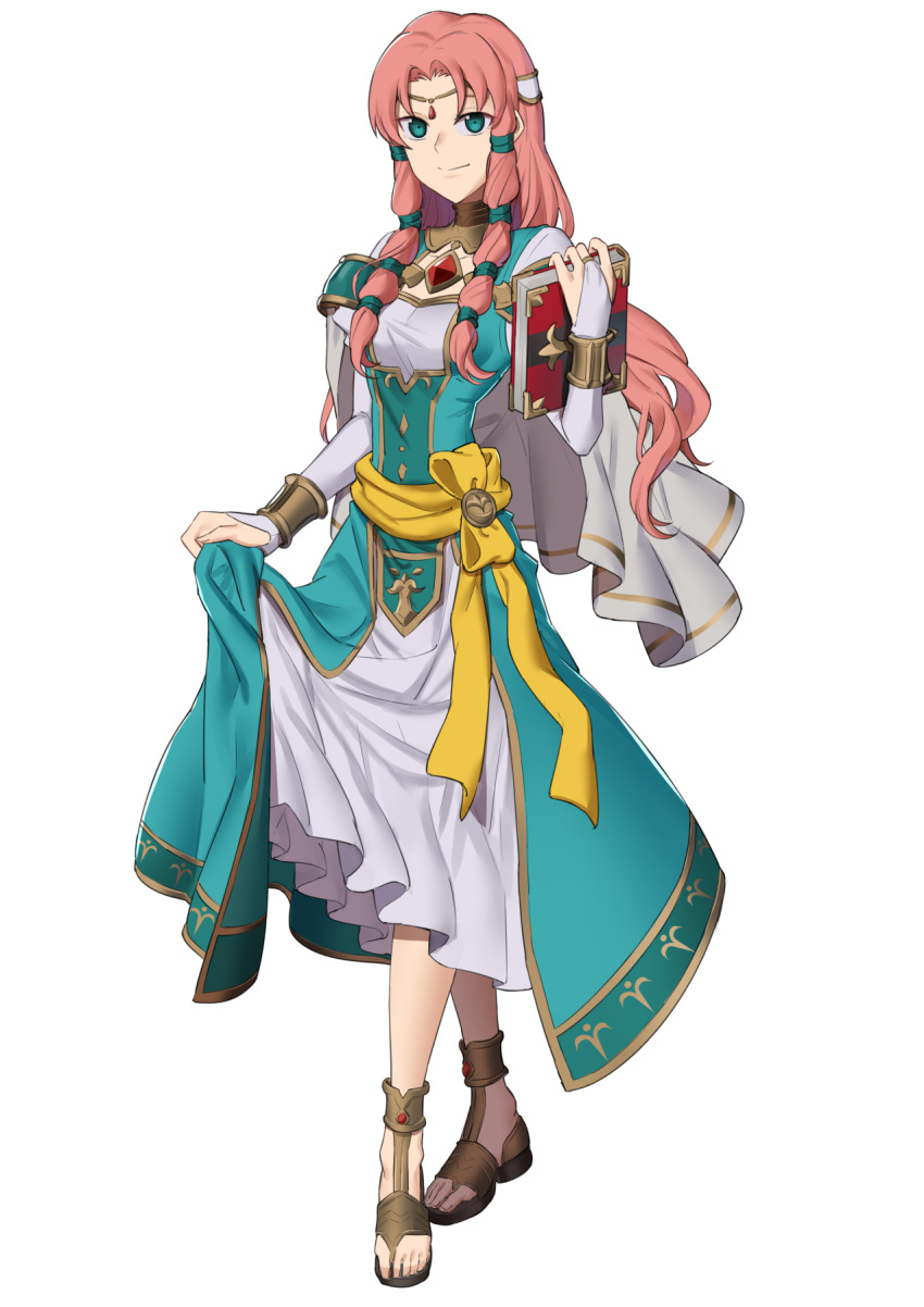 1girl, aqua_dress, aqua_eyes, book, capelet, circlet, dress, ebinku, fire_emblem, fire_emblem:_thracia_776, gladiator_sandals, highres, holding, holding_book, linoan_(fire_emblem), long_hair, looking_at_viewer, nintendo, pink_hair, sandals, smile, white_capelet