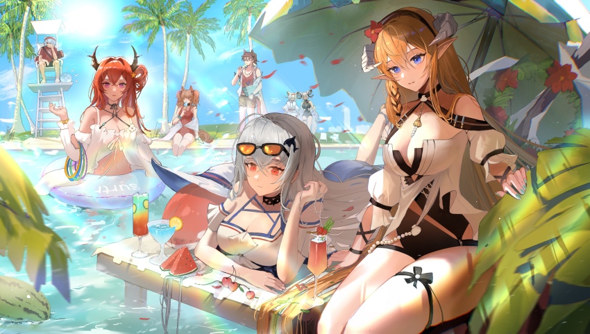 2boys, 5girls, absurdres, angelina_(arknights), angelina_(summer_flower)_(arknights), animal_ears, arknights, bare_shoulders, beach_chair, beach_umbrella, bear_ears, beeswax_(arknights), beeswax_(holiday)_(arknights), bikini, black_choker, black_dress, black_eyes, black_hairband, black_ribbon, blonde_hair, blue_eyes, blue_nails, blue_shorts, blurry, blurry_background, box, bracelet, breasts, brown_hair, burnt_clothes, carnelian_(arknights), carnelian_(shimmering_dew)_(arknights), casual_one-piece_swimsuit, chair, cherry, choker, cleavage, closed_eyes, closed_mouth, clothing_cutout, cloud, cloudy_sky, cocktail_glass, collarbone, criss-cross_halter, cup, dark_skin, demon_girl, demon_horns, detached_sleeves, dragon_girl, dragon_horns, dress, drinking_glass, eating, eyewear_on_head, fingernails, fish, flagpole, flower, food, fox_ears, fruit, goat_girl, goat_horns, grey_hair, hair_rings, hairband, halterneck, hammock, hand_in_own_hair, hat, highres, holding, holding_box, holding_own_hair, hoop, horns, ice_cream, in_water, inflatable_orca, inflatable_toy, jaye_(arknights), jaye_(beach_guard)_(arknights), jewelry, leaf, lemon, lemon_slice, lifebuoy, lifeguard, lifeguard_chair, long_hair, long_sleeves, looking_at_viewer, low-tied_long_hair, lying, medium_breasts, multiple_boys, multiple_bracelets, multiple_girls, navel, navel_cutout, necklace, missing_headwear, off-shoulder_shirt, off_shoulder, official_alternate_costume, on_stomach, one-piece_swimsuit, orange-tinted_eyewear, orca_hair_ornament, outdoors, palm_leaf, palm_tree, phonograph, pointy_ears, purple_eyes, red_dress, red_eyes, red_flower, red_hair, red_hairband, red_one-piece_swimsuit, red_shirt, ribbon, saileach_(arknights), saileach_(summer_flowers)_(arknights), shirt, short_shorts, short_sleeves, shorts, side-tie_bikini_bottom, simple_background, sitting, skadi_(arknights), skadi_(waverider)_(arknights), sky, stainless_(arknights), stainless_(beach_guard)_(arknights), standing, star_(symbol), strawberry, stuffed_orca, sun_hat, sunglasses, sunlight, surtr_(arknights), surtr_(colorful_wonderland)_(arknights), swim_ring, swimsuit, thigh_strap, thighhighs, thighs, tinted_eyewear, tree, twintails, ufoliving, umbrella, very_long_hair, visor_cap, water, watermelon, watermelon_slice, white_dress, white_hair, white_headwear, white_thighhighs