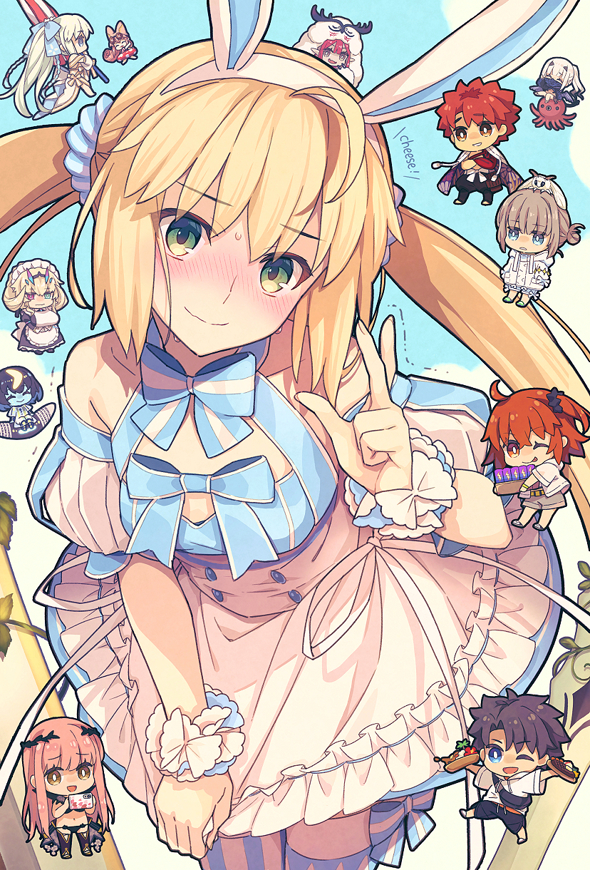 3boys, 6+girls, ahoge, animal_ears, apron, artoria_caster_(fate), artoria_caster_(swimsuit)_(fate), artoria_caster_(swimsuit)_(second_acension)_(fate)