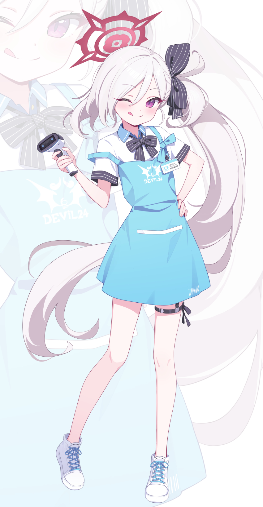 1girl, ;q, absurdres, alternate_costume, apron, black_bow, black_bowtie, blue_apron, blue_archive, bow, bowtie, cosplay, cross-laced_footwear, deadnooodles, full_body, grey_hair, hair_between_eyes, hair_bow, halo, hand_on_own_hip, highres, long_hair, looking_at_viewer, mutsuki_(blue_archive), one_eye_closed, projected_inset, purple_eyes, red_halo, shirt, shoes, short_sleeves, side_ponytail, smile, solo, sora_(blue_archive), sora_(blue_archive)_(cosplay), standing, striped_bow, tongue, tongue_out, very_long_hair, white_shirt, white_shoes, zoom_layer