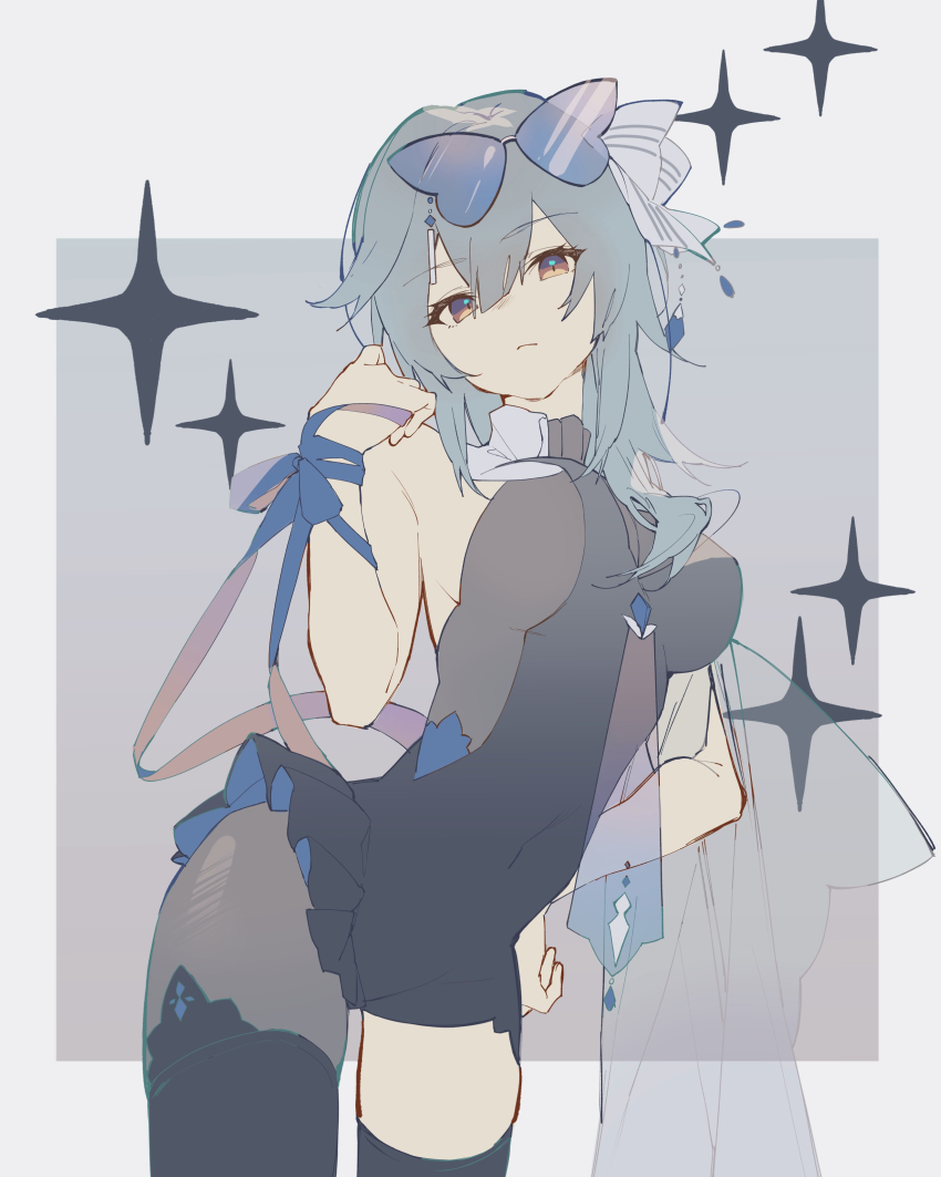 1girl, absurdres, black_dress, blue-tinted_eyewear, blue_hair, blue_ribbon, border, breasts