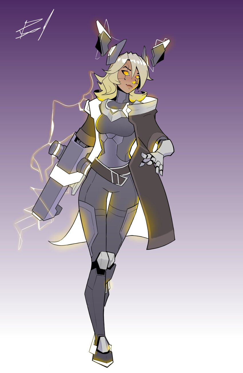 1girl, absurdres, black_jacket, blonde_hair, breasts, closed_mouth, electricity, full_body, gradient_background, hair_between_eyes, highres, jacket, league_of_legends, long_hair, looking_at_viewer, medium_breasts, medium_hair, official_alternate_costume, open_clothes, open_jacket, project:_zeri, repulsivemaid, smile, solo, standing, weapon, yellow_eyes, zeri_(league_of_legends)