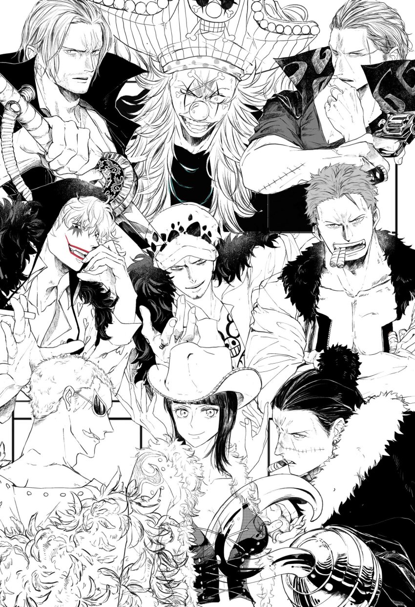 1girl, 6+boys, absurdres, benn_beckman, breasts, buggy_the_clown, chest_tattoo, cleavage, cowboy_hat, crocodile_(one_piece), donquixote_doflamingo, donquixote_rocinante, extra_arms, facial_hair, feather_coat, finger_tattoo, frown, fur_hat, goatee, hana_hana_no_mi, hat, highres, hood, hood_up, hook_hand, large_breasts, long_sideburns, looking_at_viewer, looking_back, mabu_dachi43, medium_breasts, multiple_boys, muscular, muscular_male, nico_robin, nico_robin_(alabasta), one_piece, outstretched_hand, panther_print, pectoral_cleavage, pectorals, red_lips, seductive_smile, serious, shanks_(one_piece), sheath, short_hair, sideburns, smile, smoker_(one_piece), smoking, spot_color, sunglasses, tattoo, thick_eyebrows, tongue, tongue_out, trafalgar_law, uneven_eyes, unsheathing
