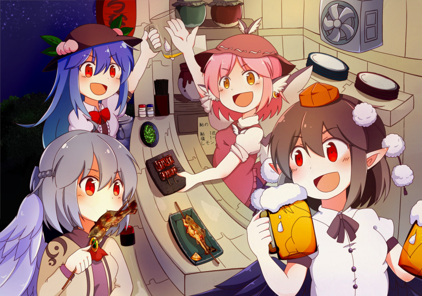 4girls, alcohol, animal_ears, ascot, beer, beer_mug, bird_ears, bird_wings