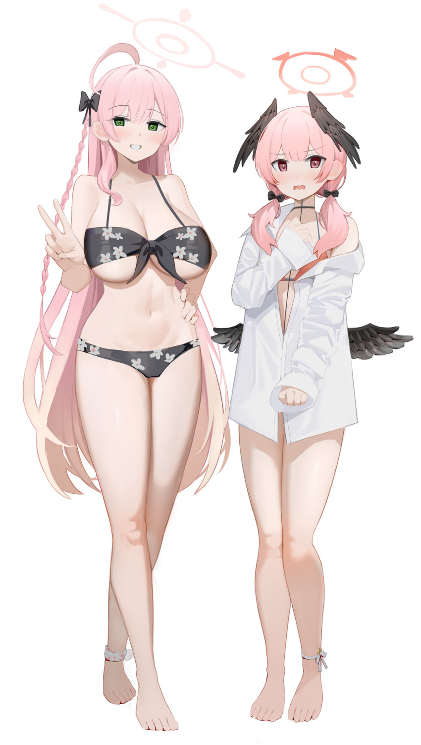 2girls, ahoge, bikini, bikini_under_clothes, black_bikini, black_bow, black_wings, blue_archive