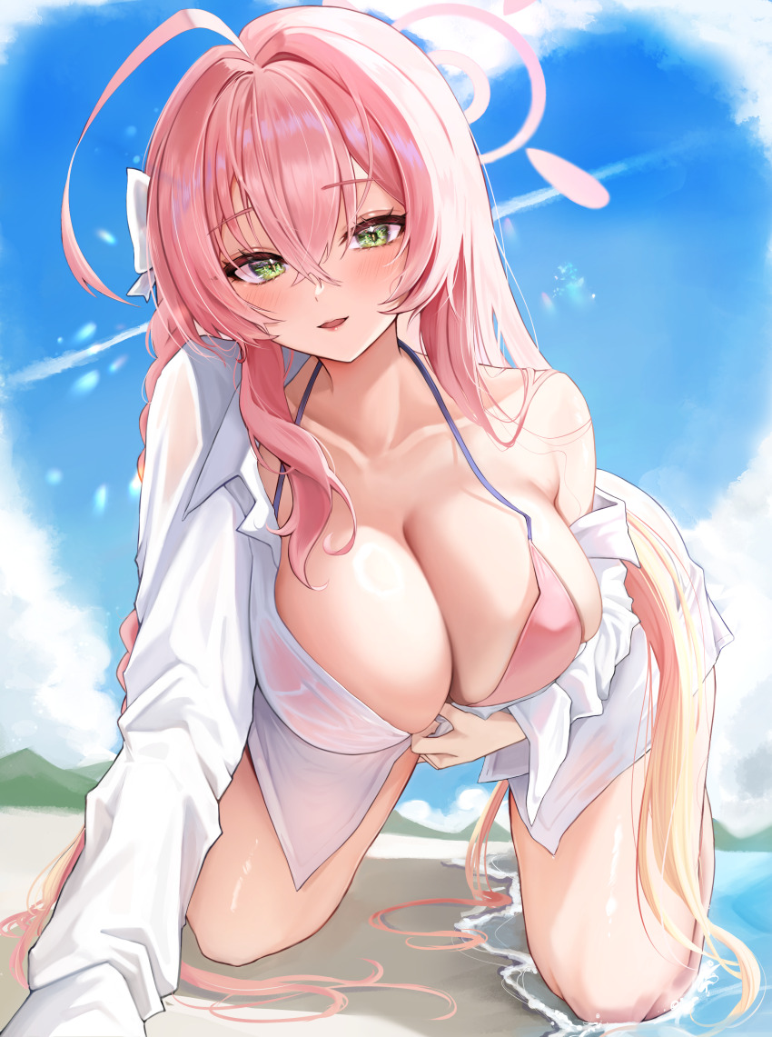 1girl, absurdres, ahoge, all_fours, beach, bikini, blue_archive, blue_sky