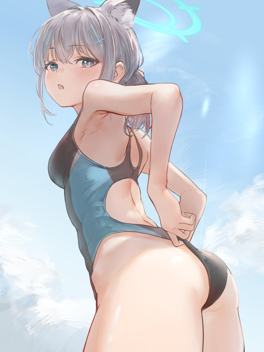 1girl, absurdres, animal_ear_fluff, animal_ears, ass, bare_shoulders, blue_archive, blue_eyes, blue_one-piece_swimsuit, blue_sky, blush, breasts, clothes_pull, cross_hair_ornament, extra_ears, grey_hair, hair_ornament, halo, highleg, highleg_one-piece_swimsuit, highres, looking_at_viewer, looking_back, marulire, medium_breasts, medium_hair, multicolored_swimsuit, one-piece_swimsuit, one-piece_swimsuit_pull, open_mouth, ponytail, shiroko_(blue_archive), shiroko_(swimsuit)_(blue_archive), short_ponytail, sidelocks, sky, solo, swimsuit, thighs, wolf_ears