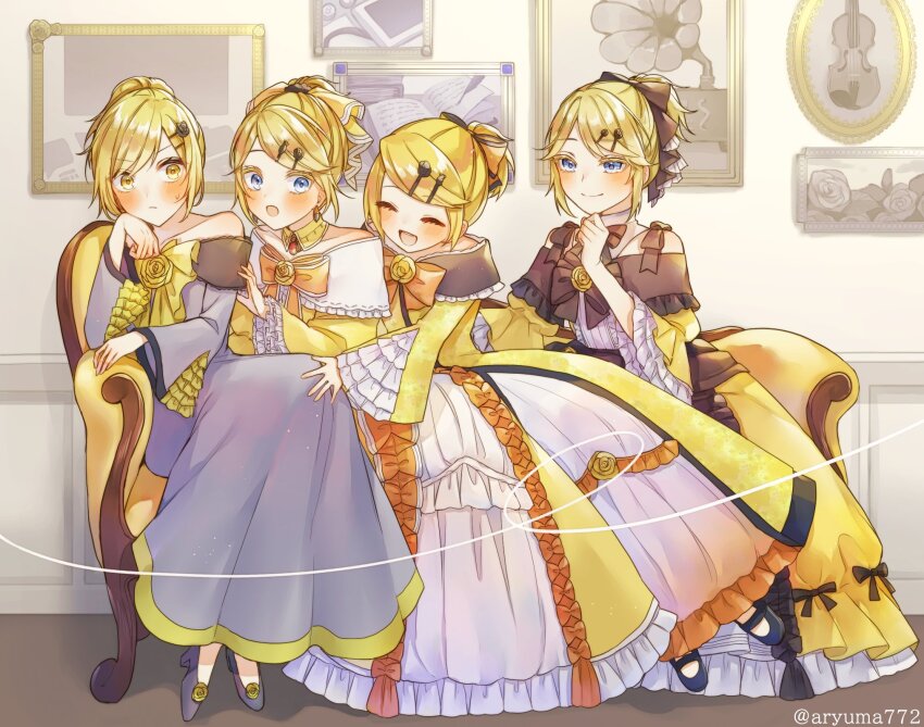 4girls, :/, aryuma772, bare_shoulders, black_bow, black_footwear, black_ribbon, blonde_hair