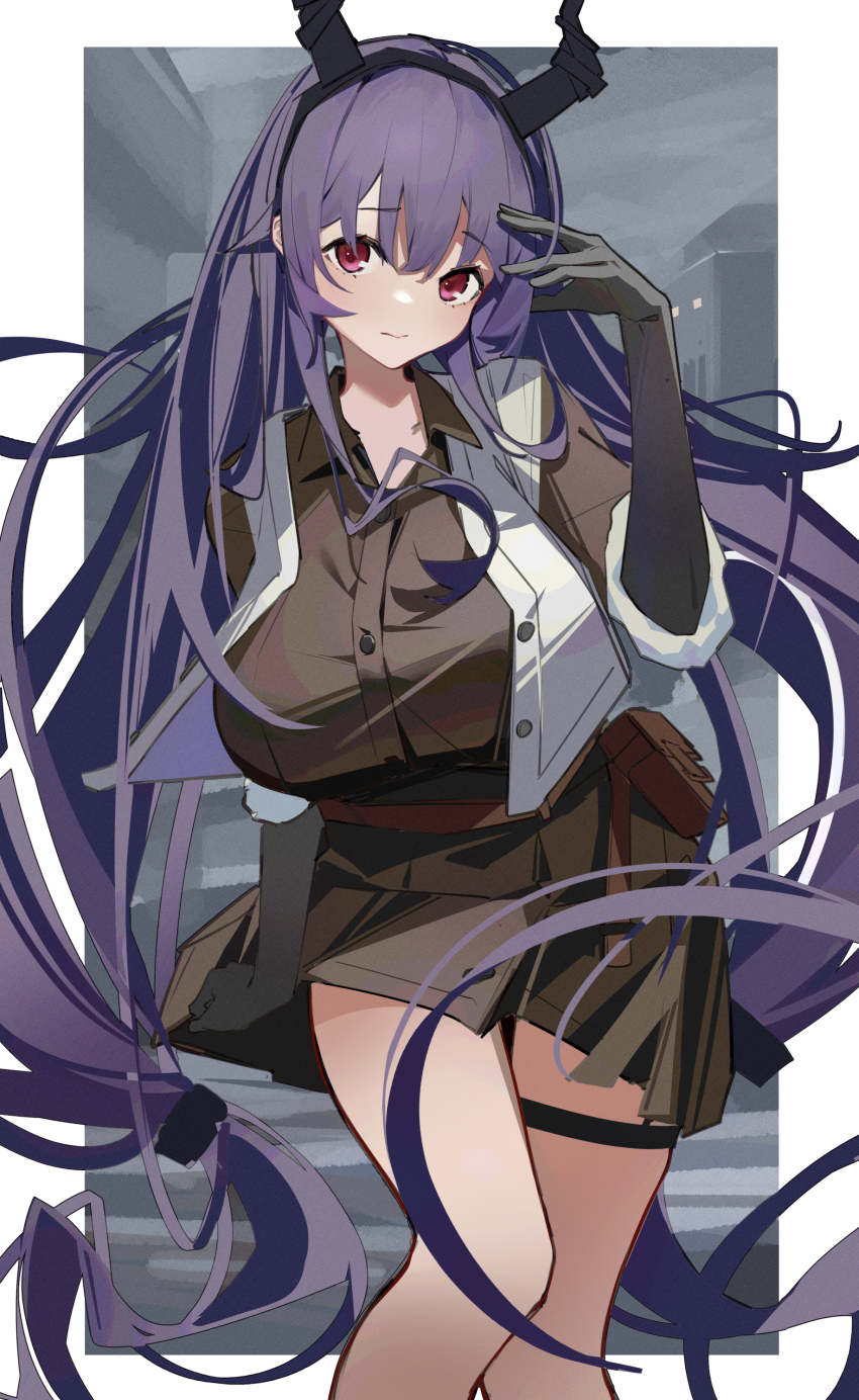 1girl, absurdres, arknights, bare_legs, black_dress, black_gloves, border, breasts