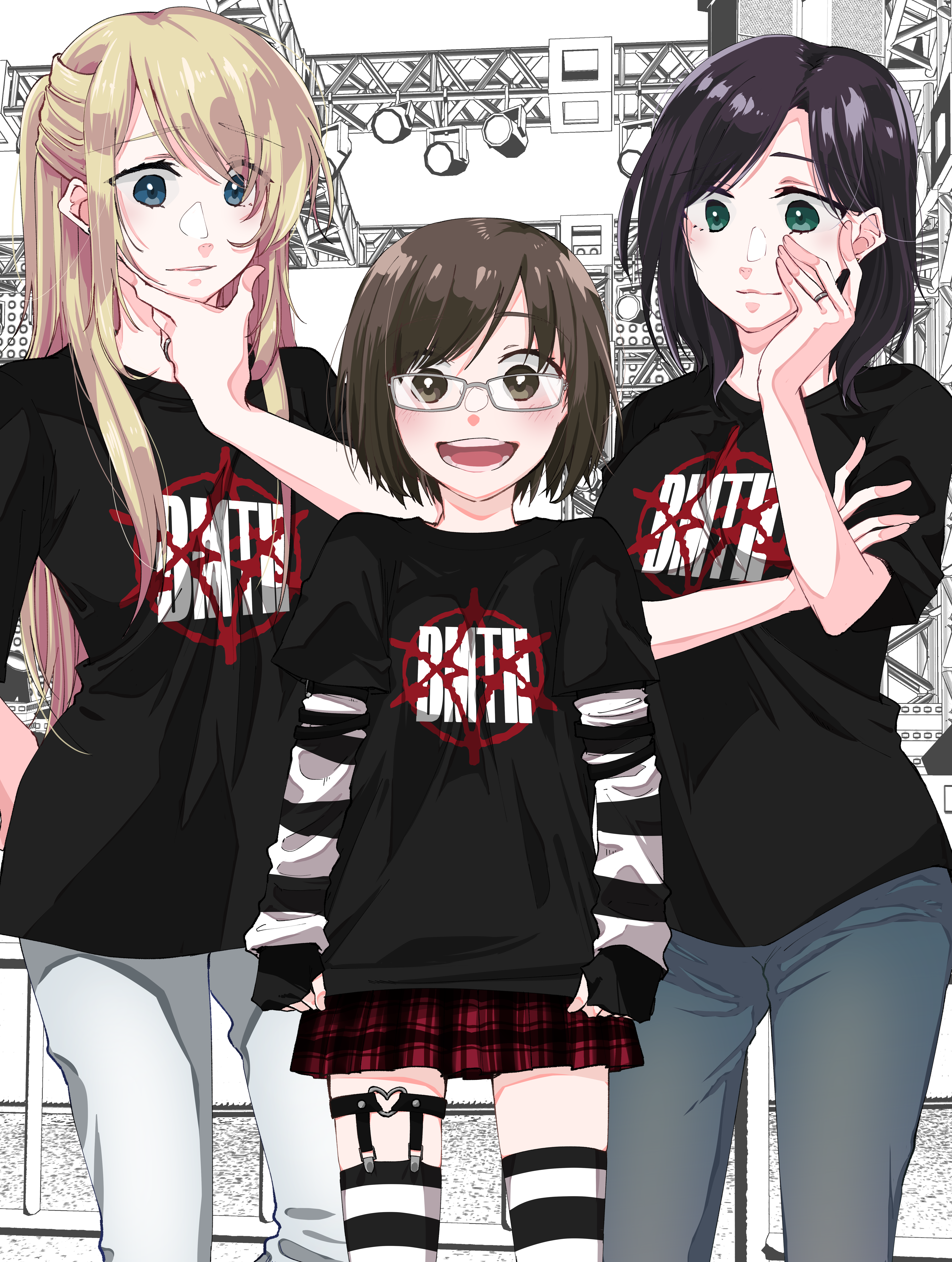 3girls, absurdres, ako_(so_crazy!?), band_shirt, black_hair, black_shirt, black_skirt, black_thighhighs
