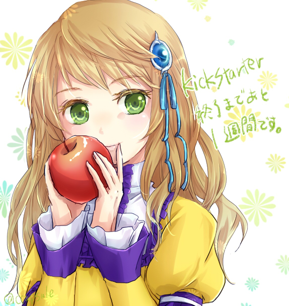 1girl, apple, blue_ribbon, ccapsule, closed_mouth, dress, eiyuden_chronicle:_hundred_heroes, floral_background