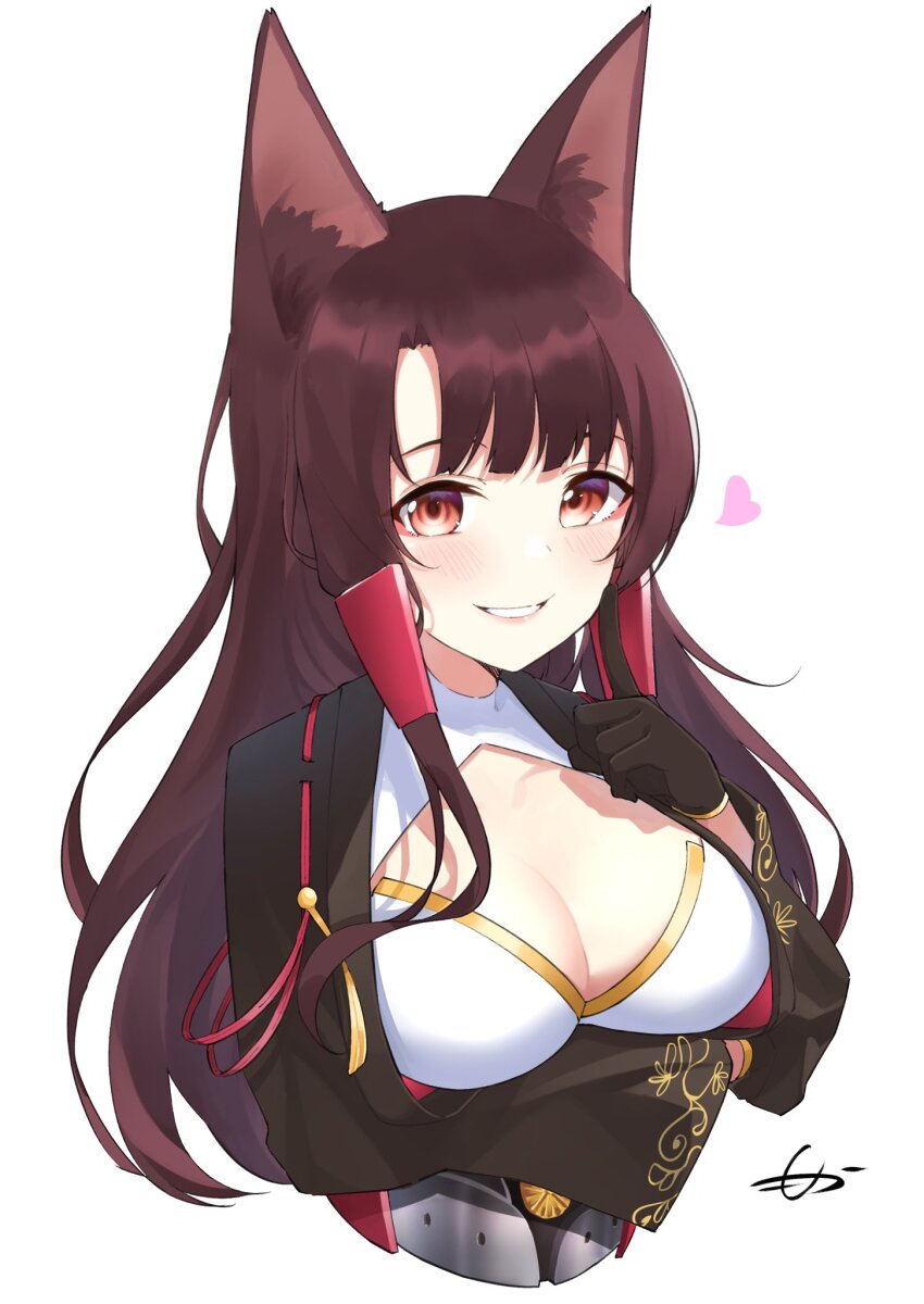 1girl, akagi_(azur_lane), animal_ear_fluff, animal_ears, azur_lane, black_gloves, black_kimono, blush