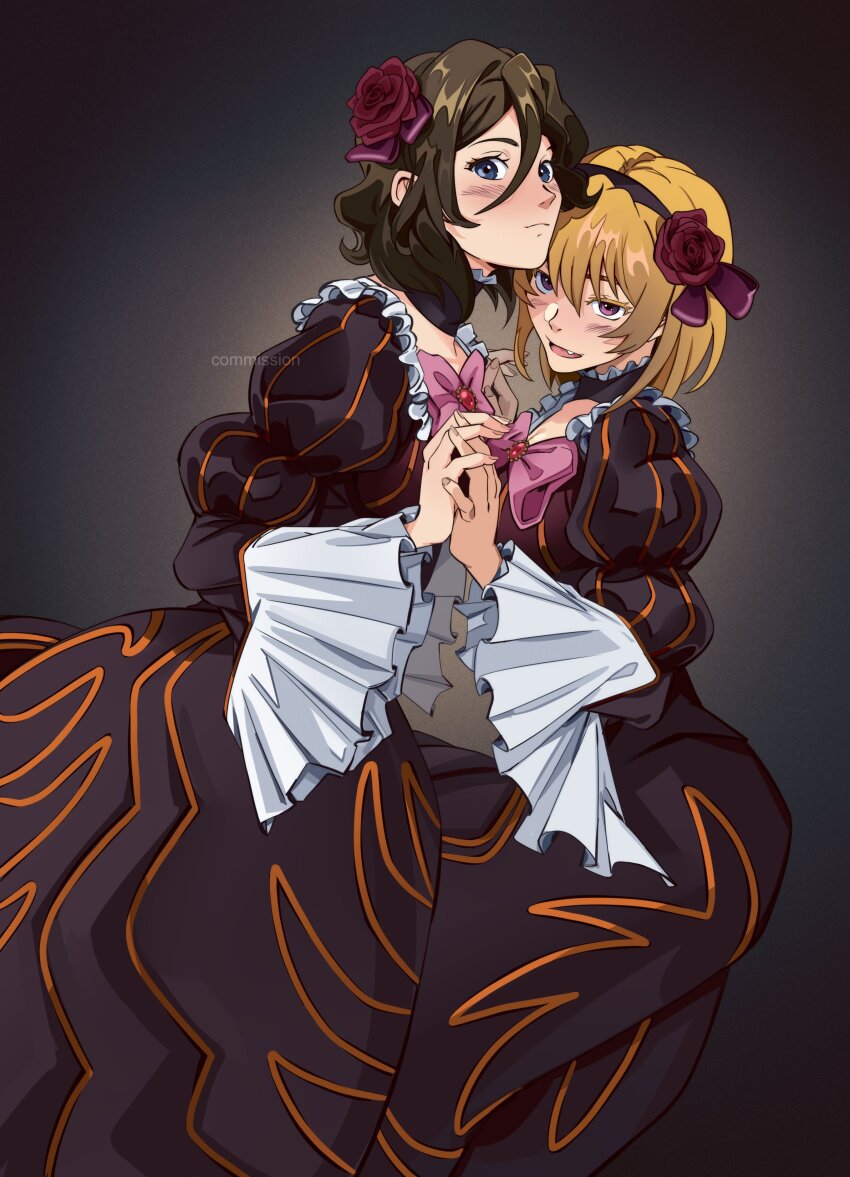 1girl, 1other, absurdres, beatrice_(umineko), beatrice_(umineko)_(cosplay), blonde_hair, blue_eyes, bow, brown_dress, brown_hair, choker, commission, cosplay, dress, fang, flower, frilled_choker, frilled_dress, frills, hair_flower, hair_ornament, hairband, highres, higurashi_no_naku_koro_ni, houjou_satoko, in-franchise_crossover, juliet_sleeves, long_sleeves, pink_bow, puffy_sleeves, purple_eyes, rose, spoilers, striped, umineko_no_naku_koro_ni, uneasywolf, vertical_stripes, yasu_(umineko)