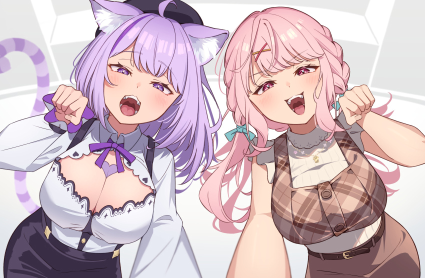 2girls, ahoge, animal_ears, belt, breasts, cat_ears, cat_tail, cleavage, cleavage_cutout, clothing_cutout, female_focus, heart_on_chest, highres, hololive, jewelry, large_breasts, long_hair, looking_at_viewer, low_twintails, multiple_girls, nekomata_okayu, nekomata_okayu_(wonderland), nijisanji, open_mouth, paw_pose, pendant, pink_eyes, pink_hair, plaid_clothes, plaid_shirt, purple_eyes, purple_hair, ribbed_shirt, shiina_yuika, shiina_yuika_(9th_costume), shin_toro, shirt, tail, twintails, virtual_youtuber