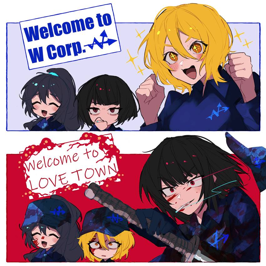 1boy, 2girls, :d, baseball_cap, black_hair, blonde_hair, blood, blood_on_clothes