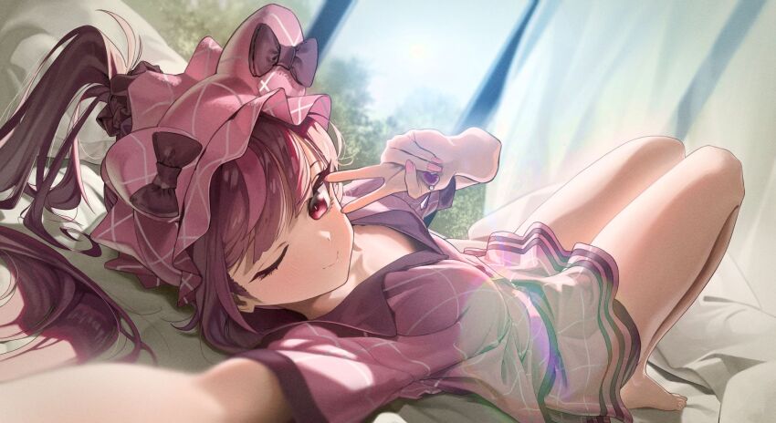 1girl, ;), animal_ears, barefoot, bed, curtains, fake_animal_ears, hayahbyeol