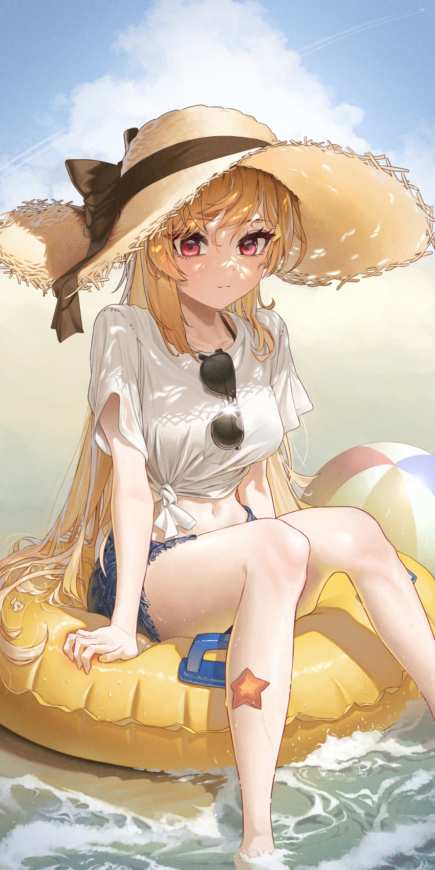 1girl, :3, absurdres, arm_support, ball, beach, beachball, bikini, bikini_under_clothes, black_bow, blonde_hair, blue_shorts, bow, breasts, cloud, contrail, cutoffs, day, denim, denim_shorts, eyewear_hang, hat, hat_bow, hayahbyeol, highres, innertube, jingburger, long_hair, looking_at_viewer, medium_breasts, midriff, ocean, outdoors, red_eyes, shirt, short_shorts, short_sleeves, shorts, sitting, sky, solo, starfish, straw_hat, summer, sunglasses, swim_ring, swimsuit, t-shirt, tied_shirt, unworn_eyewear, very_long_hair, virtual_youtuber, waktaverse, white_shirt