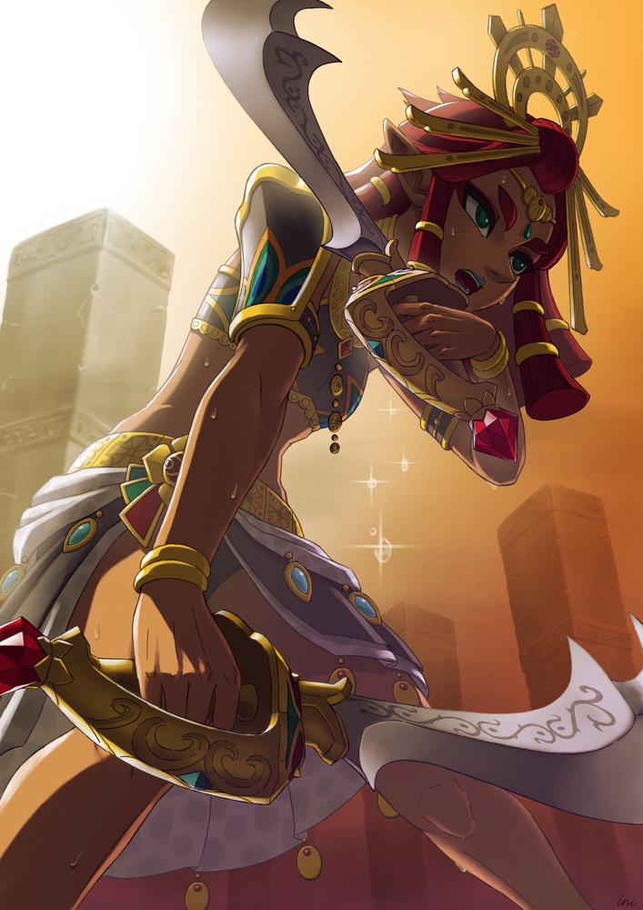 1girl, blue_lips, bracelet, dark-skinned_female, dark_skin, dripping, dual_wielding, exhausted