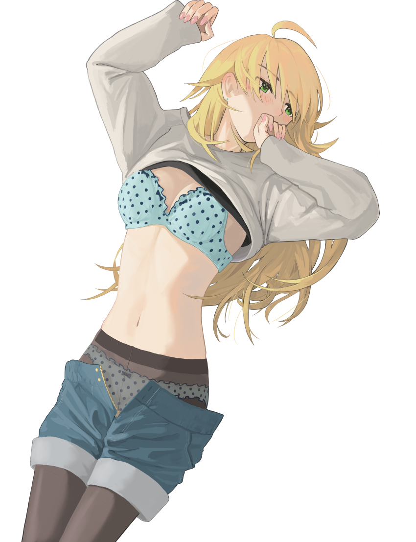 1girl, absurdres, ahoge, arm_up, black_pantyhose, blonde_hair, blue_bra, blue_panties, blush, bra, breasts, cleavage, clenched_hands, clothes_lift, denim, denim_shorts, earrings, epitaph_(1122), frilled_bra, frilled_panties, frills, green_eyes, grey_shirt, hand_up, highres, hoshii_miki, idolmaster, idolmaster_(classic), idolmaster_million_live!, idolmaster_million_live!_theater_days, jewelry, large_breasts, long_hair, long_sleeves, looking_at_another, lying, midriff, nail_polish, navel, on_back, panties, panties_under_pantyhose, pantyhose, pink_nails, polka_dot, polka_dot_bra, polka_dot_panties, shirt, shirt_lift, shorts, simple_background, sleeves_past_wrists, solo, underwear, undressing, unzipped, white_background, zipper, zipper_pull_tab