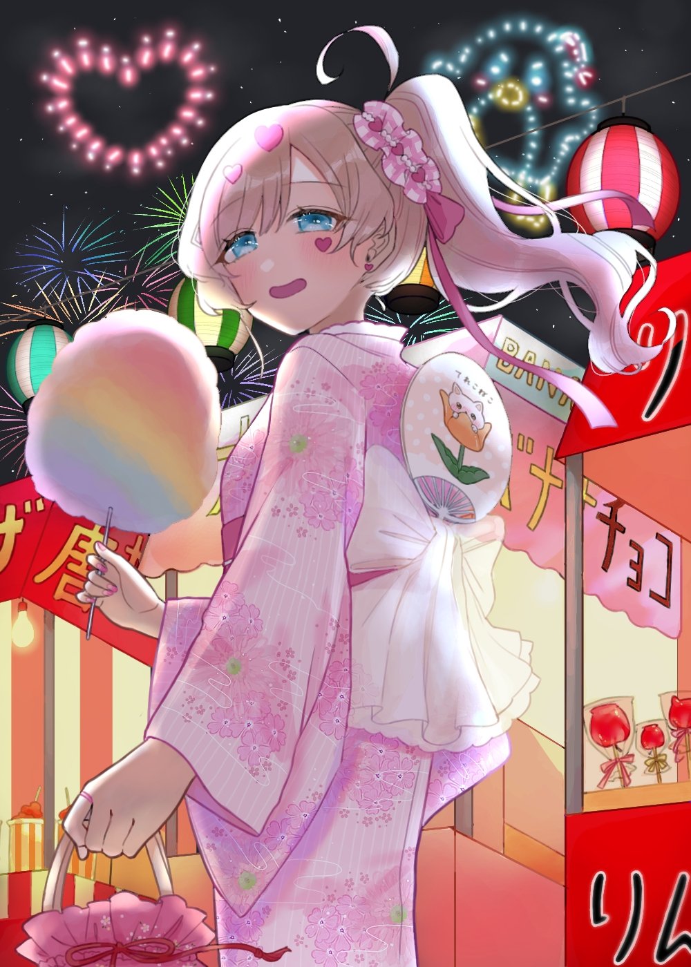 1girl, aerial_fireworks, awahuji_miyuki, blonde_hair, blue_eyes, blush, bow, candy