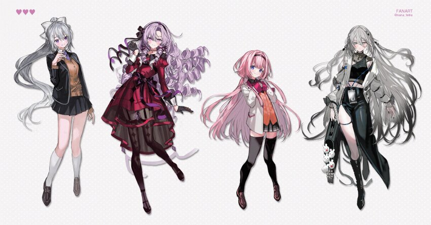 4girls, absurdres, black_footwear, black_gloves, black_hairband, black_jacket, black_skirt, black_thighhighs