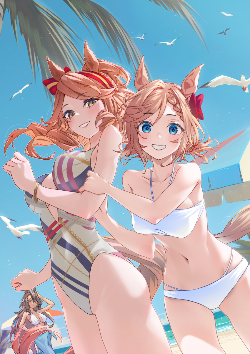 3girls, alternate_costume, animal_ears, arm_up, bare_shoulders, beach, bikini, bird